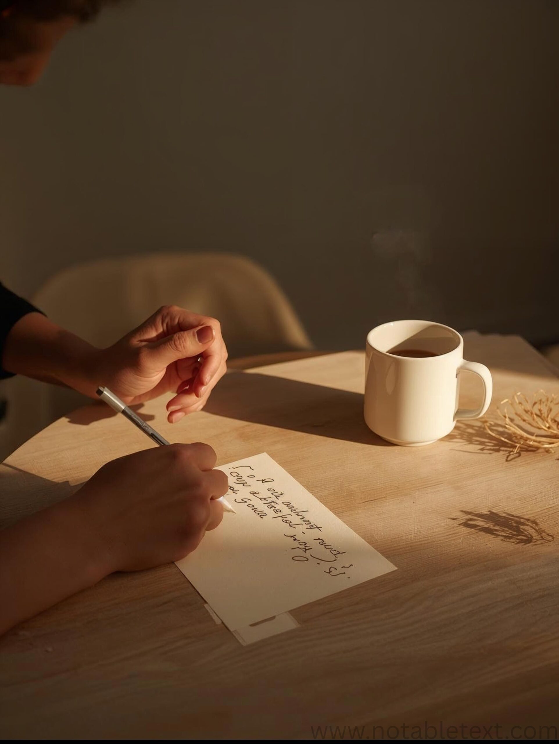 “A person writing a heartfelt ‘thinking of you’ message on paper with a coffee mug beside, symbolizing care and connection.”