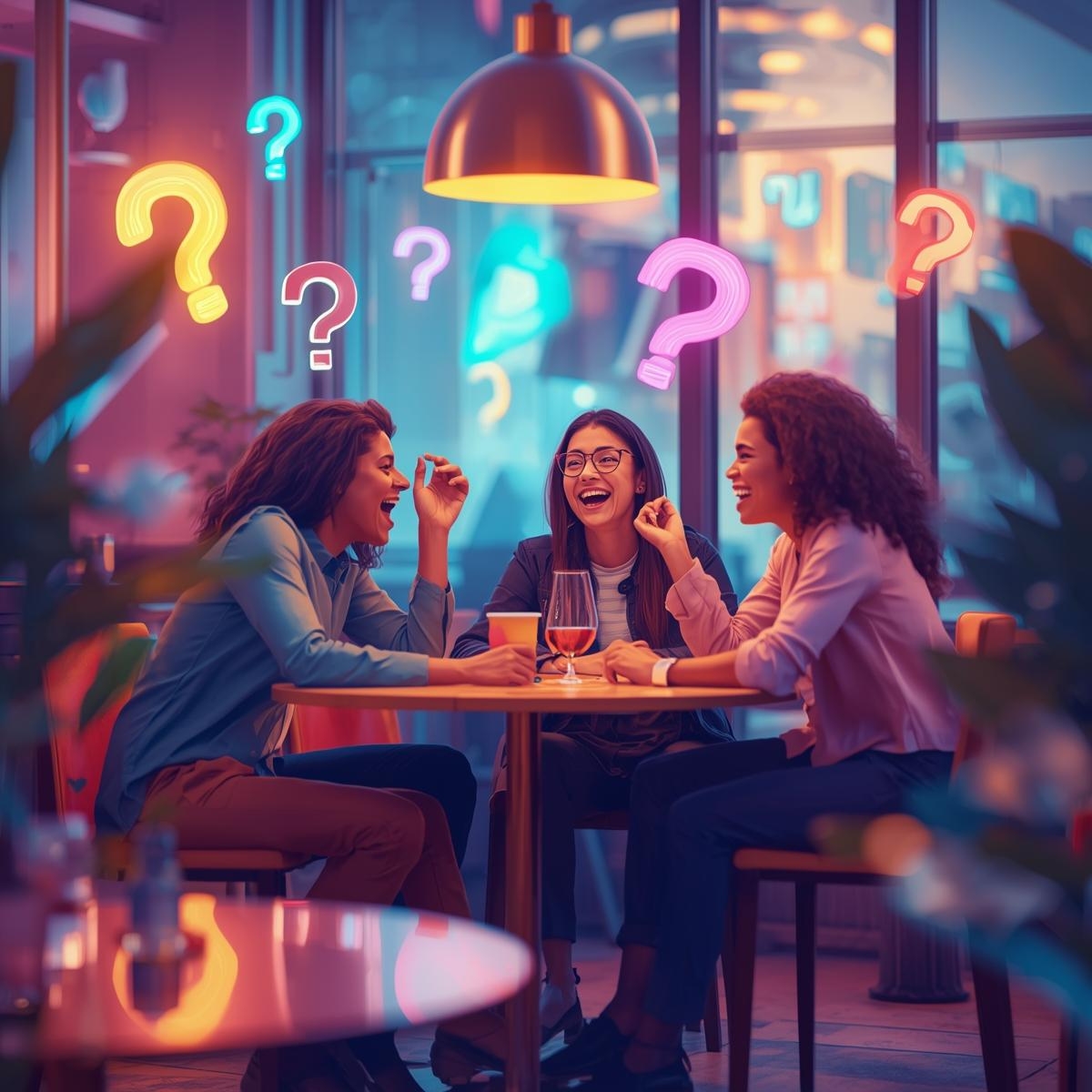 Friends enjoying interesting things to ask friends at a café while laughing and talking.