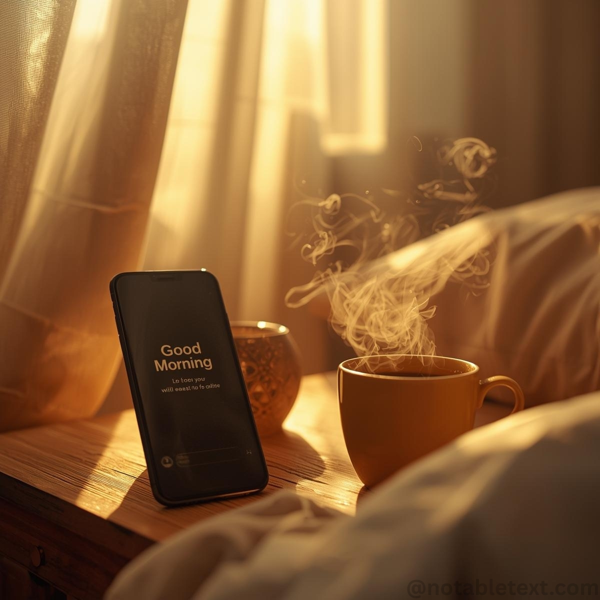 Romantic good morning message with coffee and sunshine on a cozy morning.