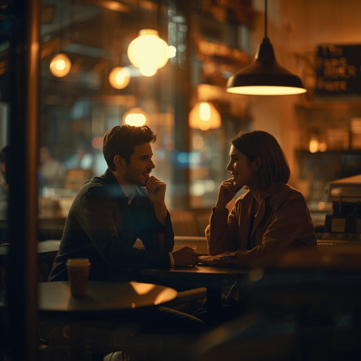 Two people talking over coffee and sharing meaningful questions to get to know someone better