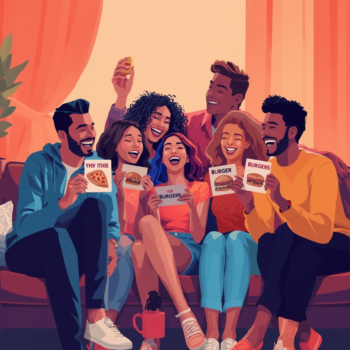 Friends playing This or That questions game while laughing and choosing between fun options.