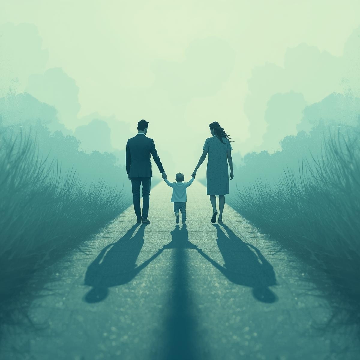 Parallel parenting concept – parents supporting child from separate paths.