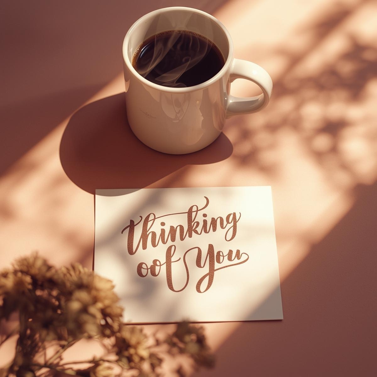 Handwritten note with Thinking of You message beside a warm coffee cup