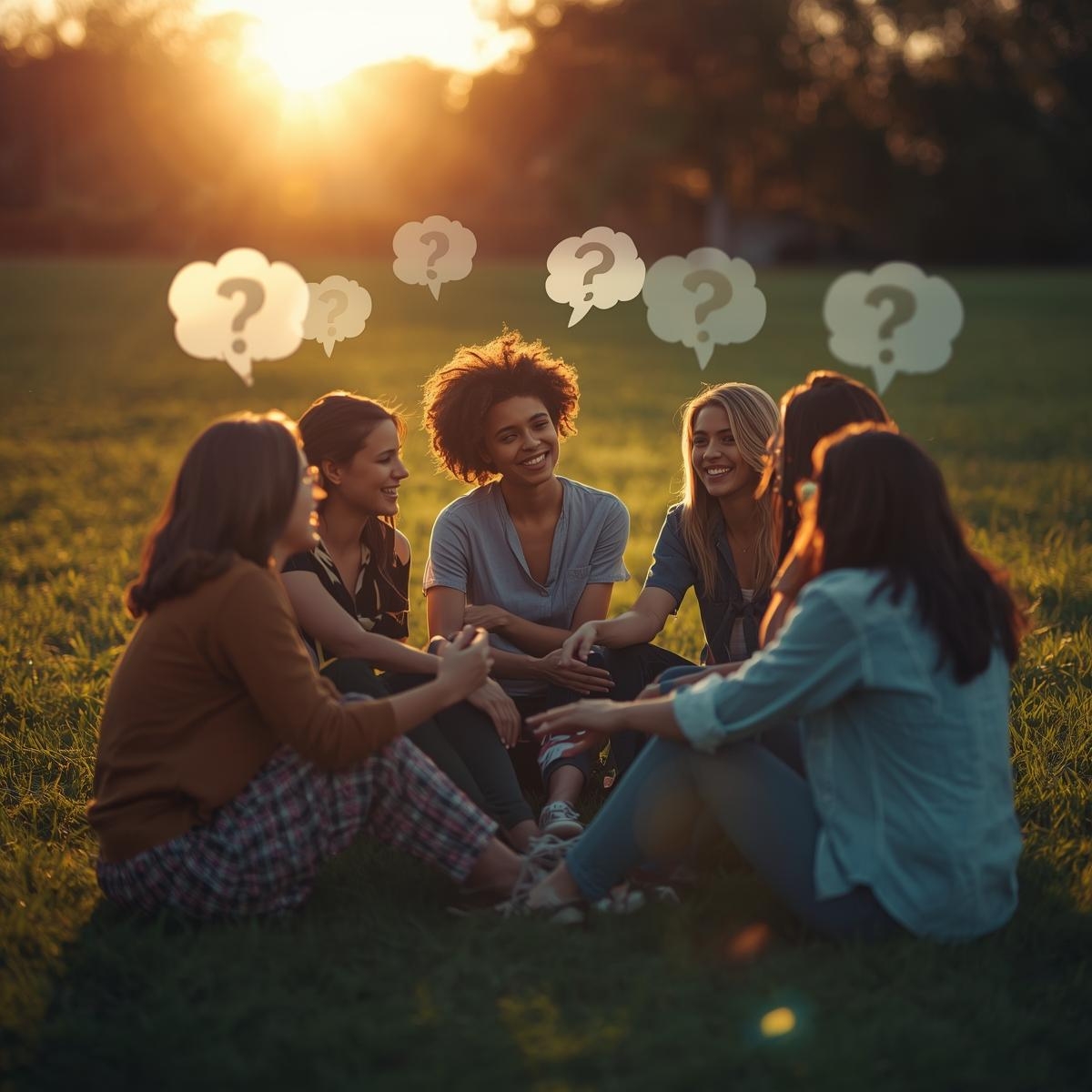 Friends sitting outdoors at sunset in a circle, bonding over fun and deep questions to ask your friends
