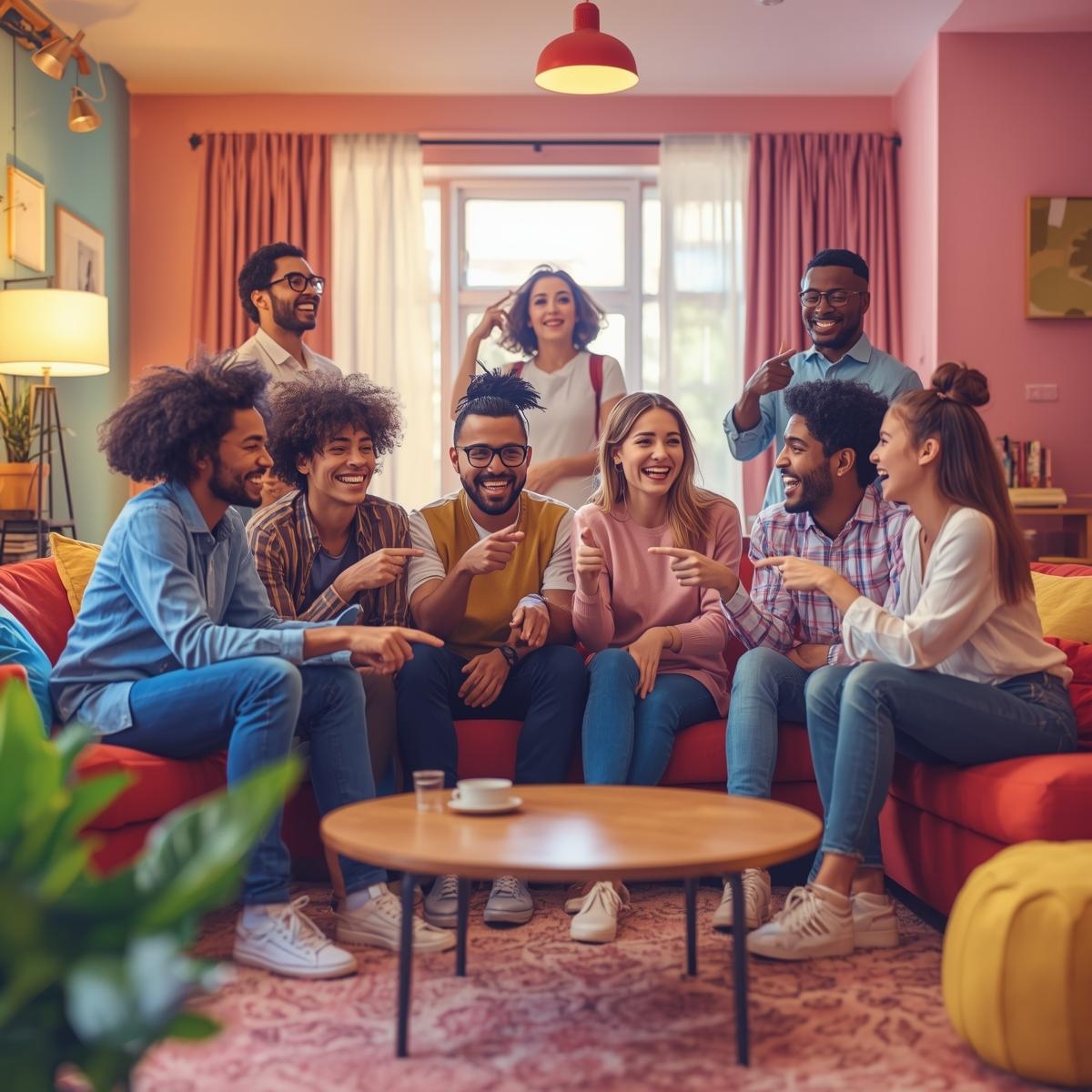 Friends playing most likely to questions game at a party.