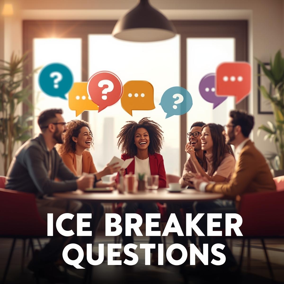 Diverse group of people smiling and talking with colorful speech bubbles, representing fun ice breaker questions and conversations.