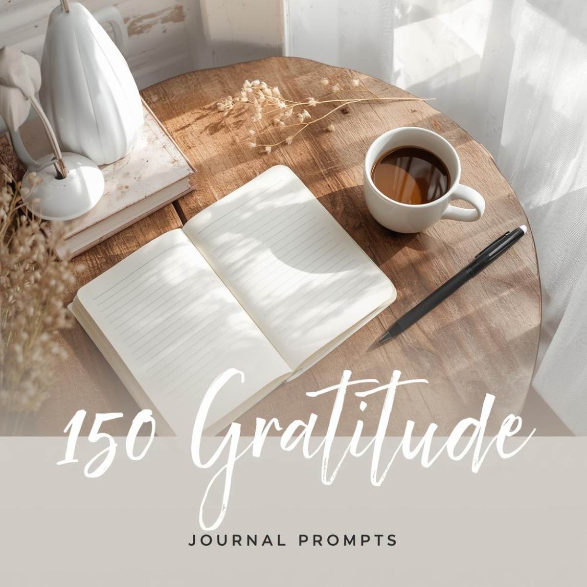 "Open gratitude journal with pen, coffee cup, and soft natural light on a cozy wooden desk – representing gratitude journaling and mindfulness."